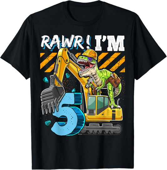 T Rex Dinosaur Construction Hat Excavator 5th Birthday Boys T-Shirt