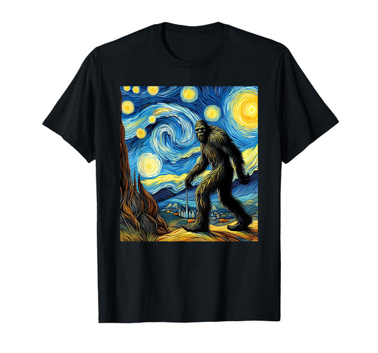 Funny Bigfoot Starry Night Sasquatch Van Gogh Sky Painting T-Shirt