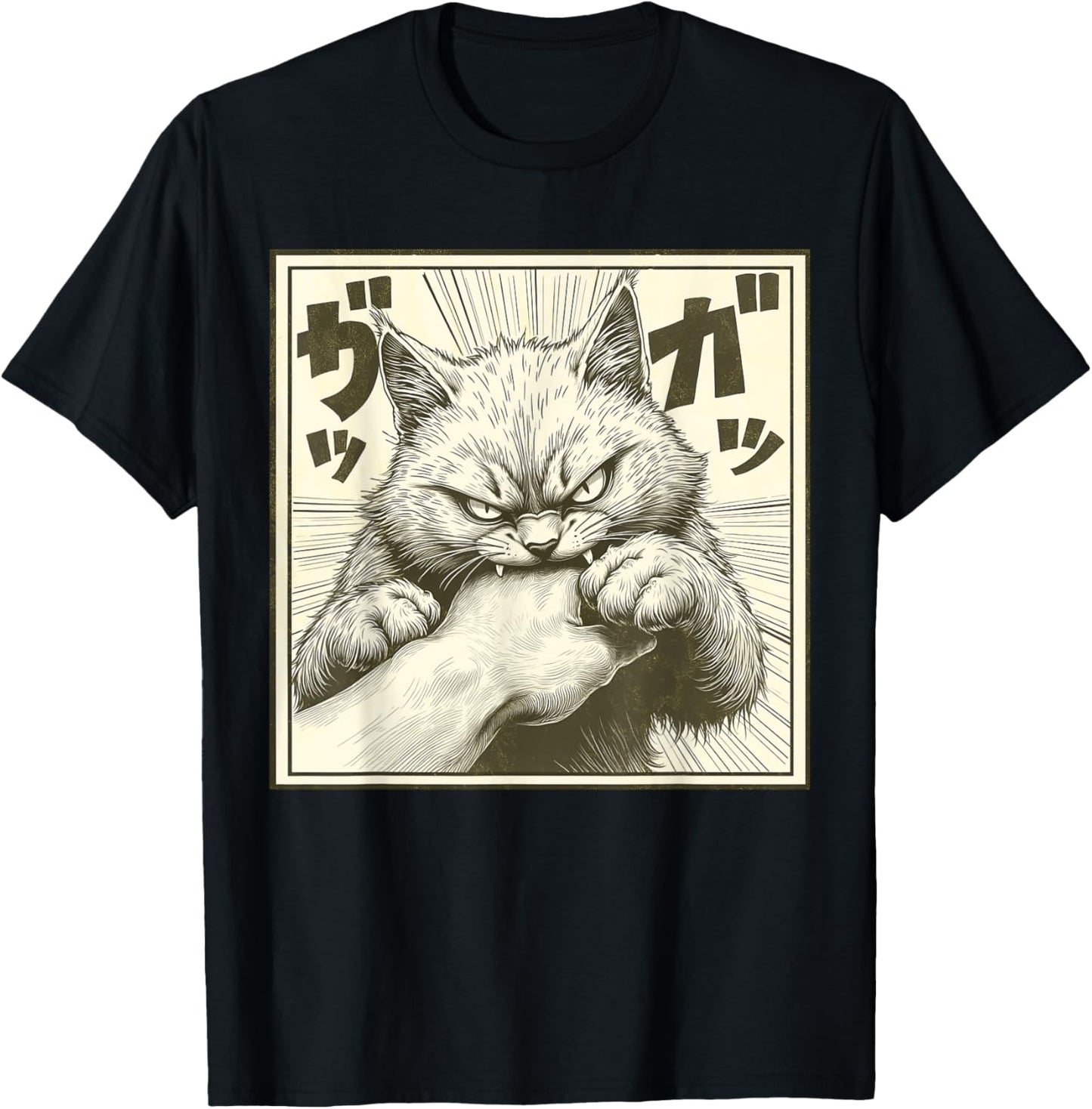 Funny Cat Graphic Tee Japanese Anime Cat Bite T-Shirt