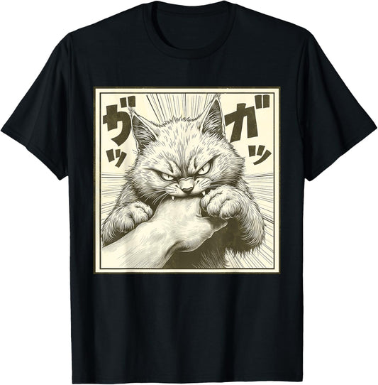 Funny Cat Graphic Tee Japanese Anime Cat Bite T-Shirt