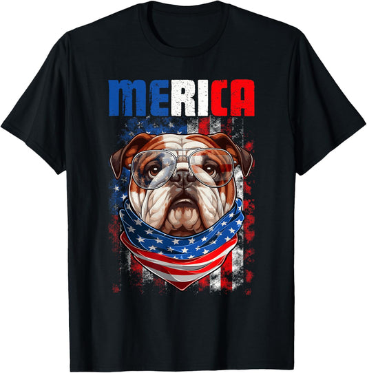 Funny Merica English Bulldog Dog USA Flag Independence Day T-Shirt