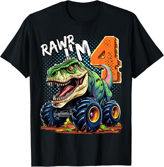 Monster Truck Dinosaur T-Rex 4th Birthday Boy 4 Year Old T-Shirt