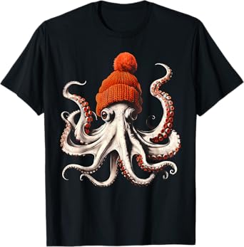 Octopus Wearing Beanie Retro Graphic Marine Biology Ocean T-Shirt