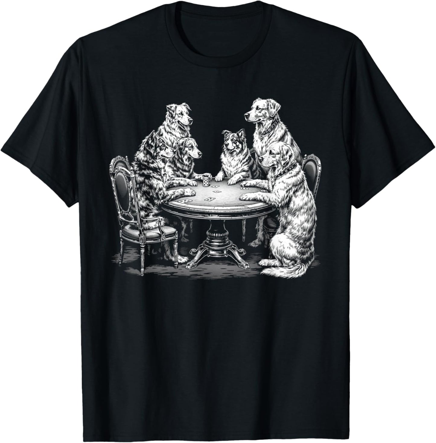Dogs Playing Cards at Poker Table, Simple Funny Joke Black T-Shirt