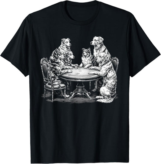 Dogs Playing Cards at Poker Table, Simple Funny Joke Black T-Shirt