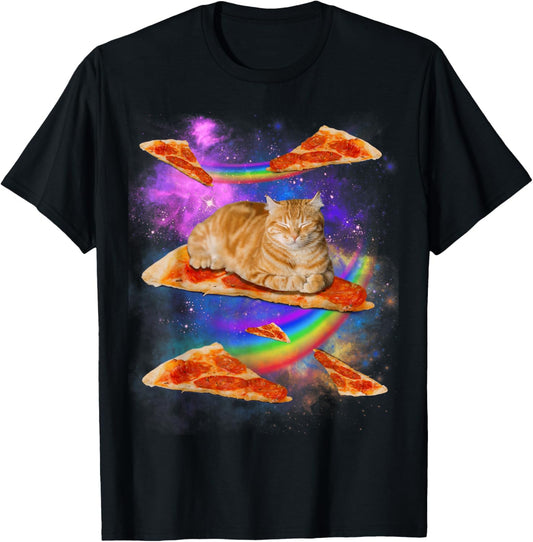 Funny Galaxy Cat In Space Cat Riding Pizza T-Shirt