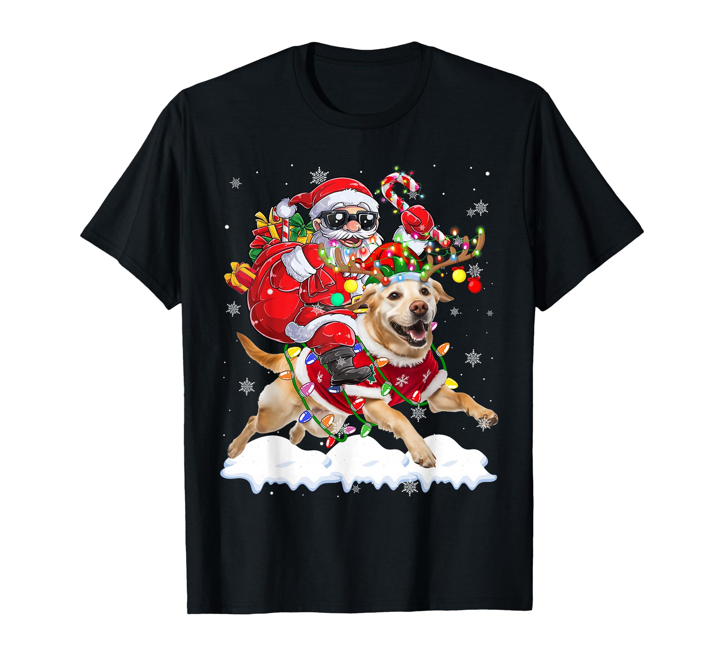 Santa Riding Labrador Retriever Christmas Lights Dog Xmas T-Shirt