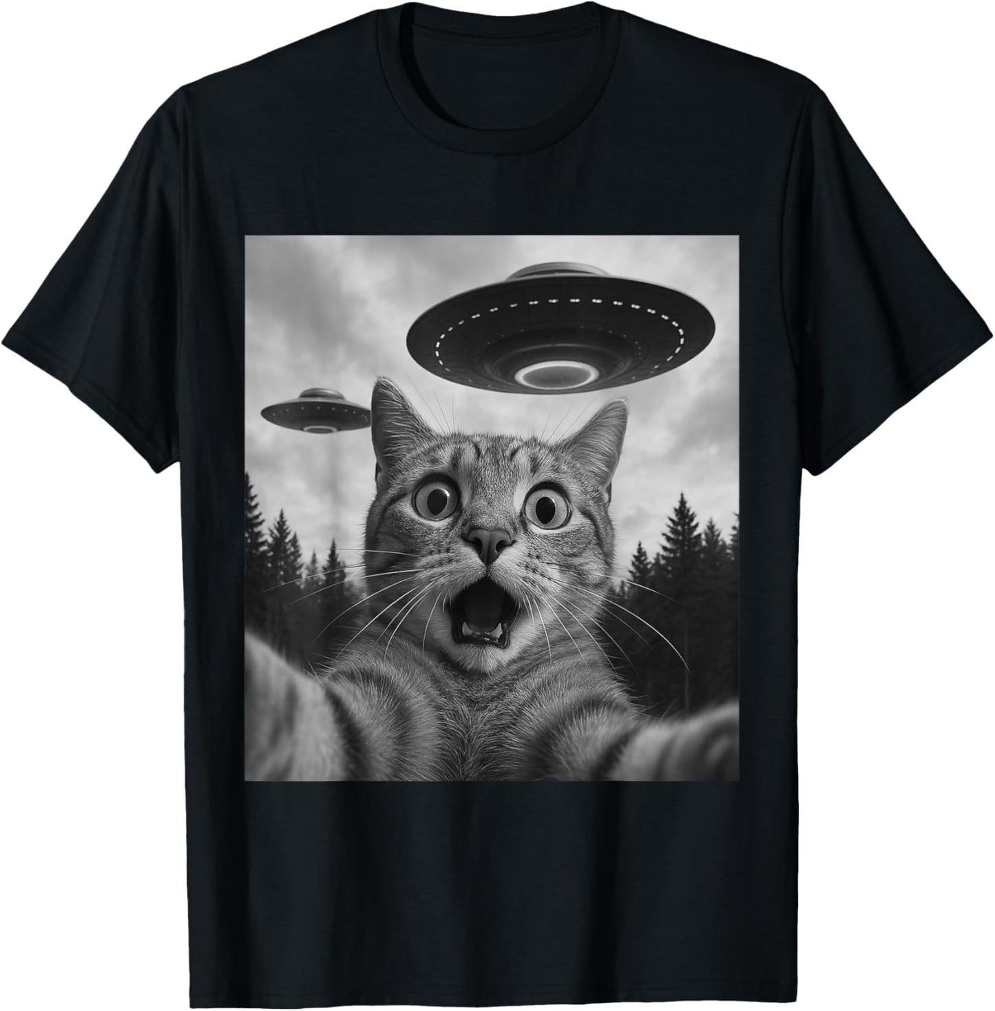 Funny Cat Selfie with UFOs T-Shirt