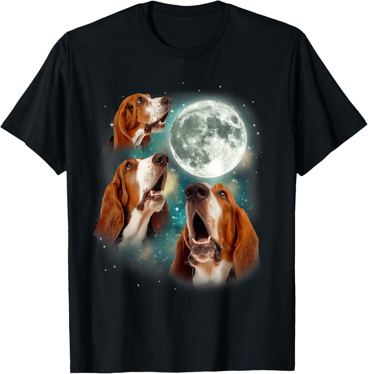 Three Basset Hound Moon | 3 Droopy Eared Hounds Howling Dog T-Shirt