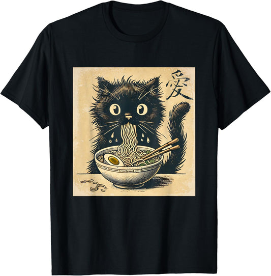 Black Cat Yellow Eyes Earring Ramen Japanese Anime Kawaii 80 T-Shirt