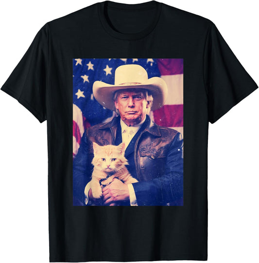 Trump Cat Shirt Funny Cowboy Donald Trump 2024 American Flag T-Shirt