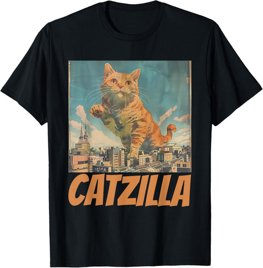 Funny Orange Cat Catzilla Japanese Art Unisex-Adults T-Shirt Black Small Classic Fit Lightweight Crew Neck Short Sleeve