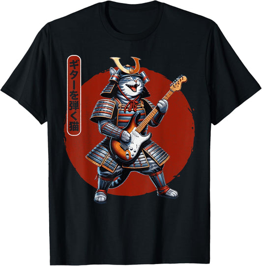 Japanese Samurai Cat Playing The Electric Guitar Funny T-Shirt