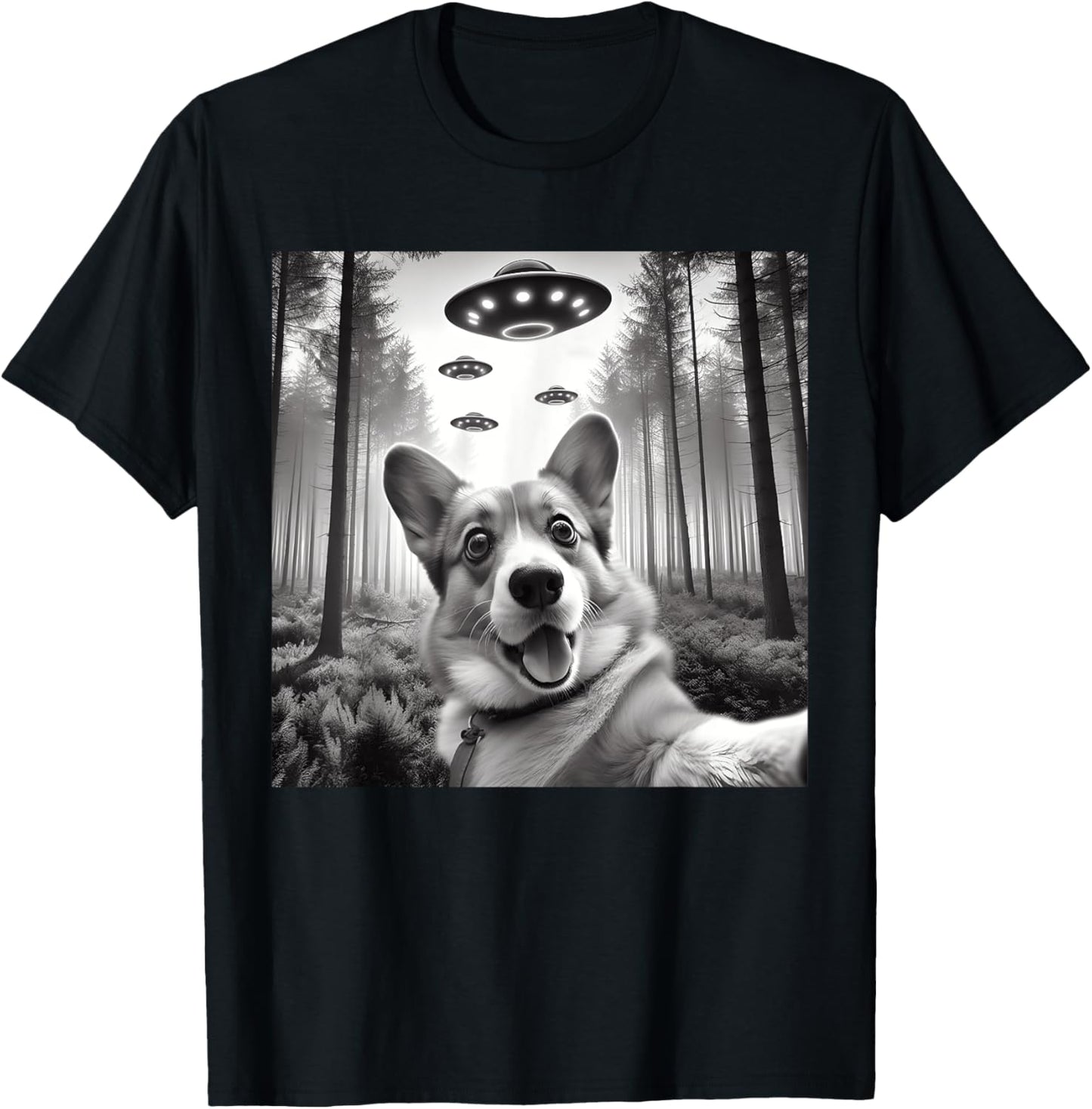 Surprised Corgi Dog Taking Selfie with UFOs Kids Boys Girls T-Shirt