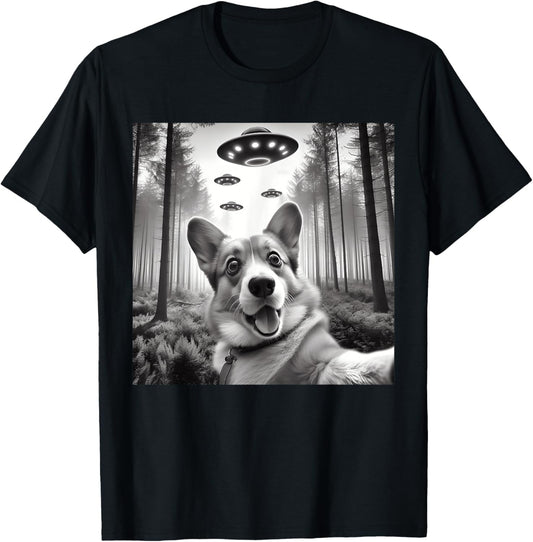 Surprised Corgi Dog Taking Selfie with UFOs Kids Boys Girls T-Shirt