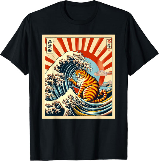 Catzilla Cat Japanese Art The Great Wave off Kanagawa Cat T-Shirt