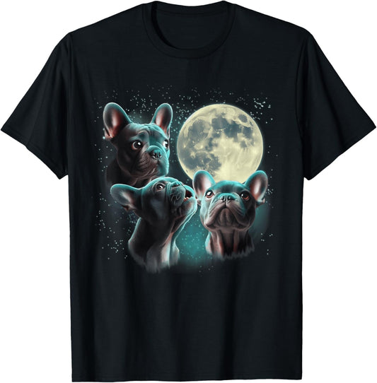Funny Three French Bulldog Moon, 3 Frenchie Blue, Weird Cute T-Shirt