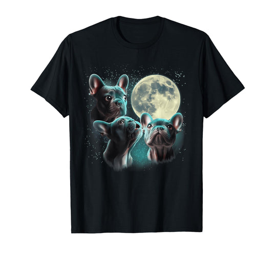 Funny Three French Bulldog Moon, 3 Frenchie Blue, Weird Cute T-Shirt