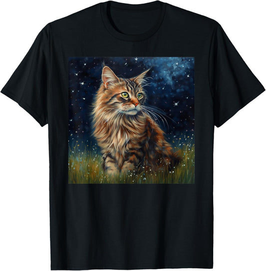 Cute Maine Coon Cat In A Starry Sky Night Painting T-Shirt
