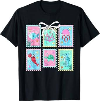 Cute Coquette Bow Fish Coastal Ocean Beach Postage Stamp T-Shirt