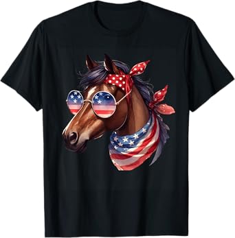 Horse 4th of July Shirt Women Girls Horse American USA Flag T-Shirt