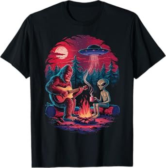 Funny Alien and Bigfoot Campfire Moon UFO Adventure Hiking T-Shirt