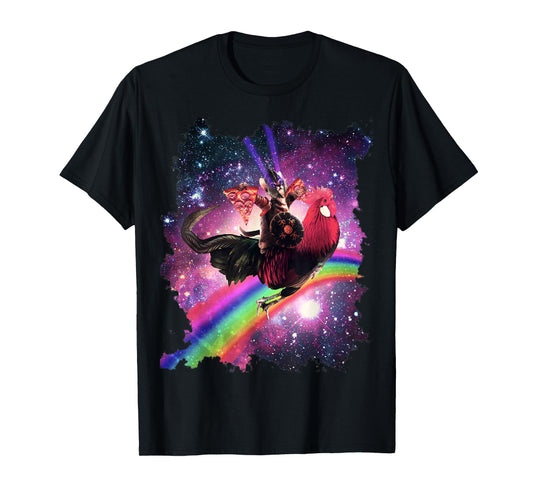 Lazer Warrior Space Cat Riding Chicken with Pizza T-Shirt