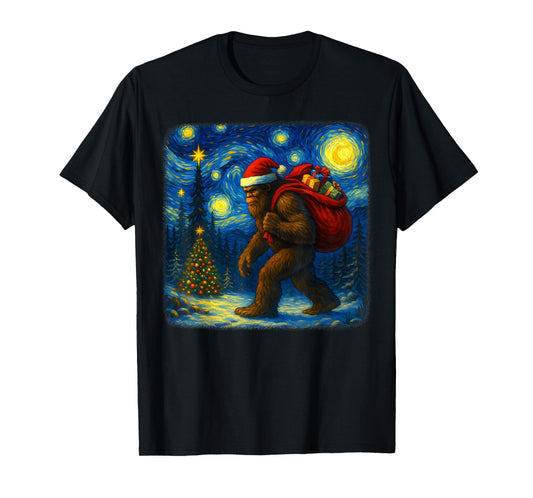 Bigfoot Santa Christmas Starry Night Sasquatch Van Gogh Art T-Shirt