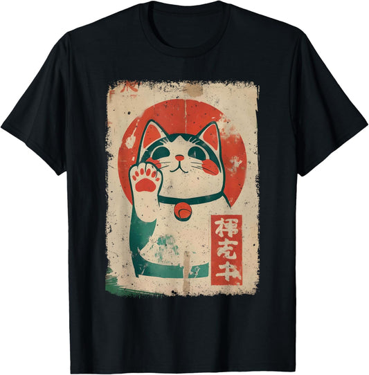 Maneki Cat Japanese Lucky Neko Graphic Tee Kawaii Cats Anime T-Shirt