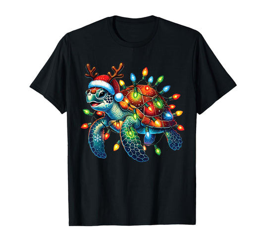 Sea Turtle Christmas Lights Funny Santa Hat Merry Christmas T-Shirt