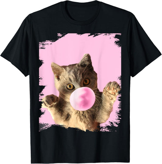 Cute Kitty Cat Chewing Pink Bubble Gum T-Shirt