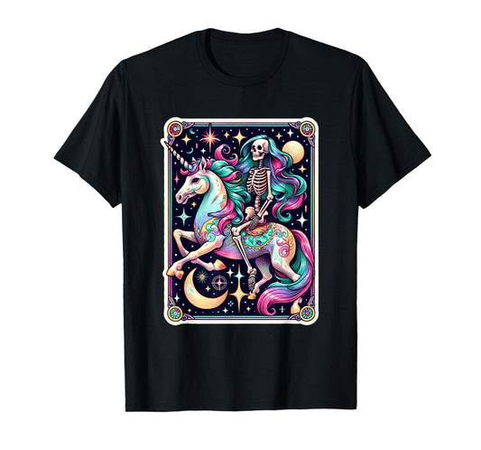 Skeleton Riding Unicorn Tarot Card Celestial Fantasy Art T-Shirt