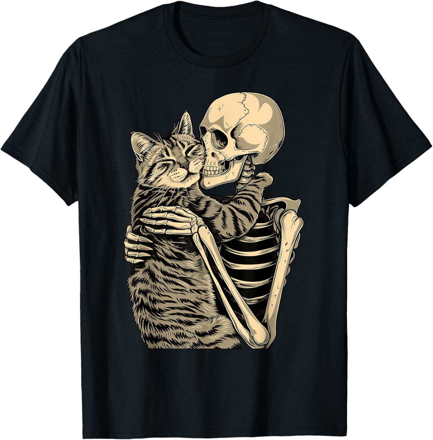 Skeleton Hugging Cat Halloween T-Shirt for Cat Lovers