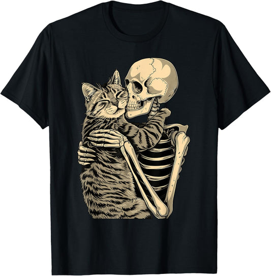 Skeleton Hugging Cat Halloween T-Shirt for Cat Lovers