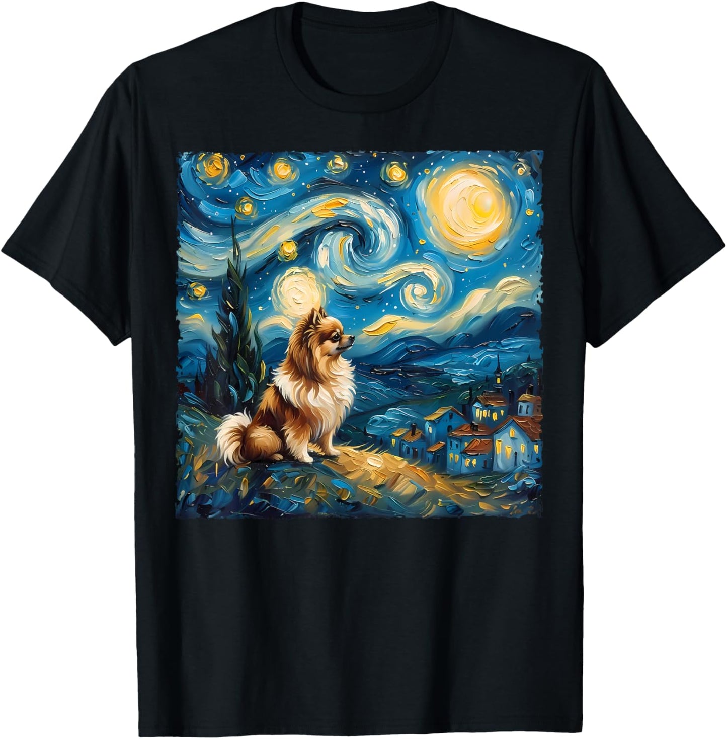 Pomeranian Dog Lovers Starry Night Van Gogh Style Painting T-Shirt