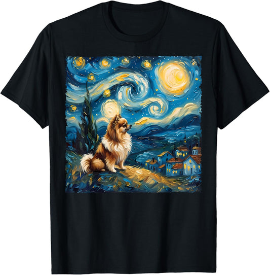 Pomeranian Dog Lovers Starry Night Van Gogh Style Painting T-Shirt