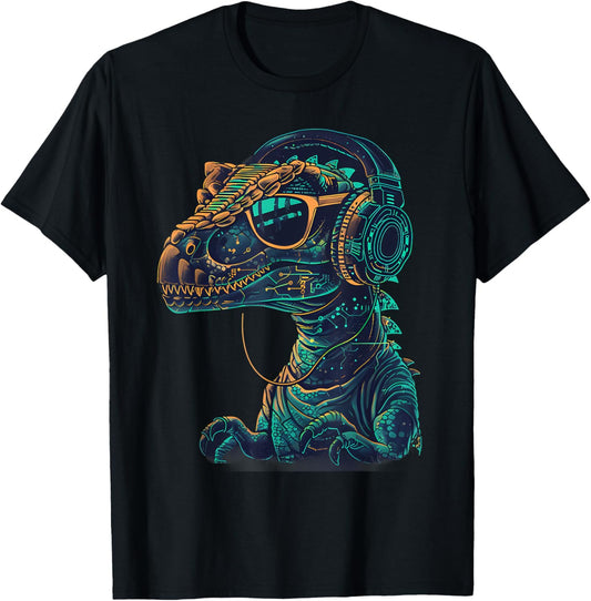 Dinosaur DJ Music Headphones Techno DJ T-Rex EDM Dance Club T-Shirt