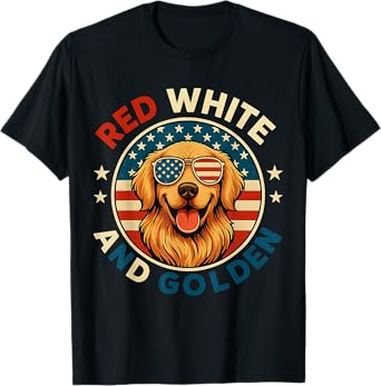 Red White and Golden Retriever American Flag 4th of July T-Shirt