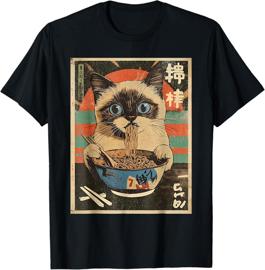Kawaii Siamese Cat Eating Ramen Noodles Funny Anime Teens T-Shirt