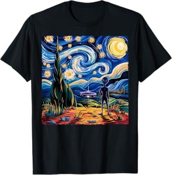 Alien Van Gogh Starry Night UFO Gifts For Men Women Boys Kid T-Shirt