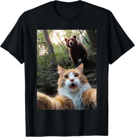 Funny Surprised Scared Cat Selfie Meme With Bear T-Shirt for Men Women Kids