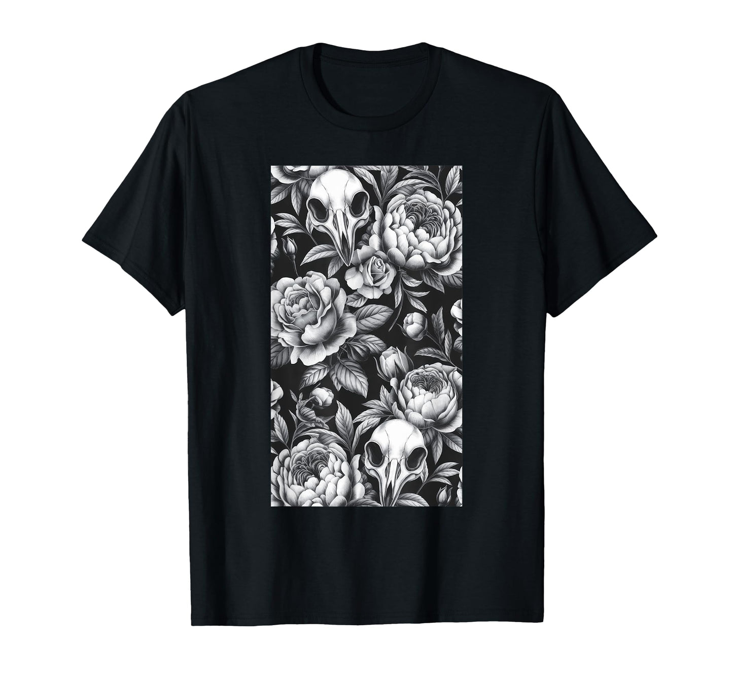 Skull Bird Baroque Vintage Flower Halloween Rose T-Shirt