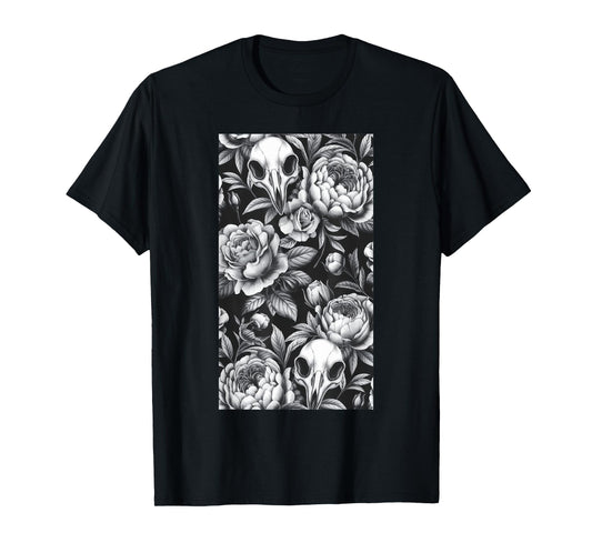Skull Bird Baroque Vintage Flower Halloween Rose T-Shirt