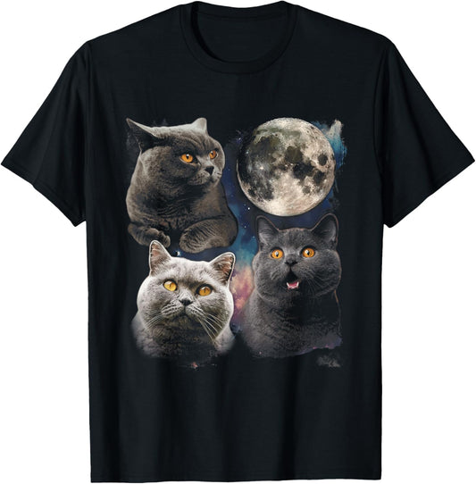 Vintage Three British Shorthair Cat Howling At The Moon T-Shirt