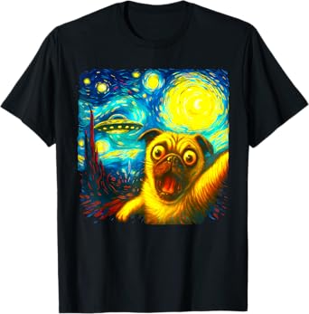 Pug Selfie With Alien UFO Funny Starry Night Van Gogh T-Shirt