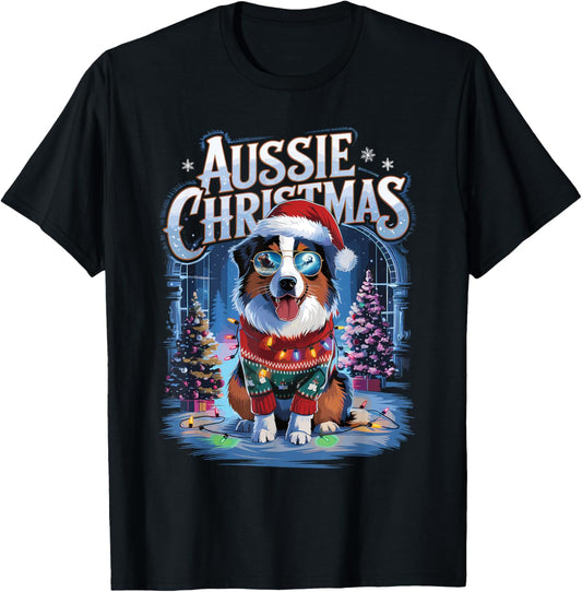 Aussie Christmas Santa Hat Dog Christmas Australian Shepherd T-Shirt