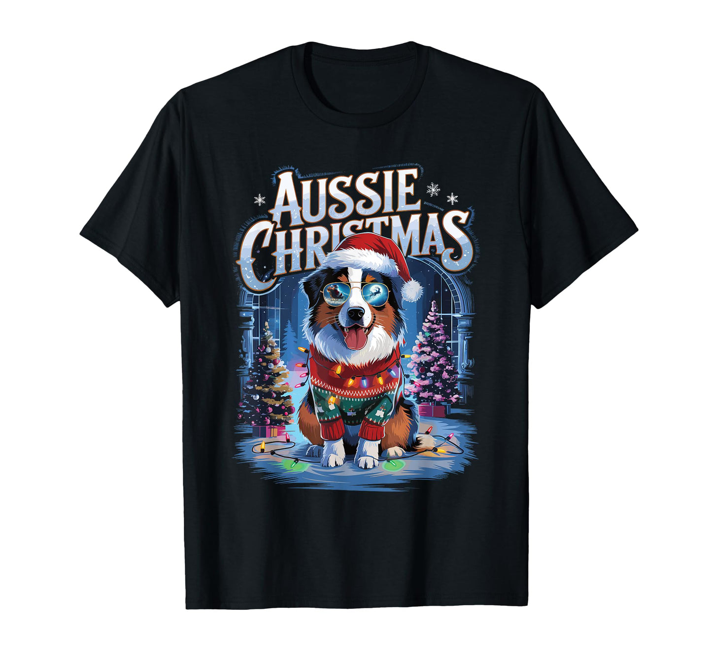 Aussie Christmas Santa Hat Dog Christmas Australian Shepherd T-Shirt