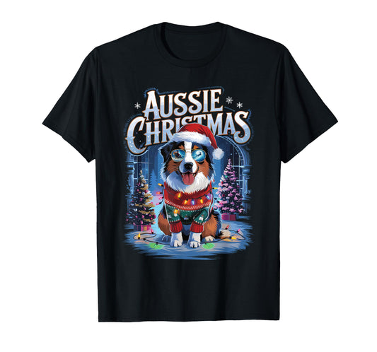Aussie Christmas Santa Hat Dog Christmas Australian Shepherd T-Shirt