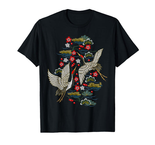 Crane & Cherry Blossom Tshirt - Vintage Japanese Embroidery T-Shirt