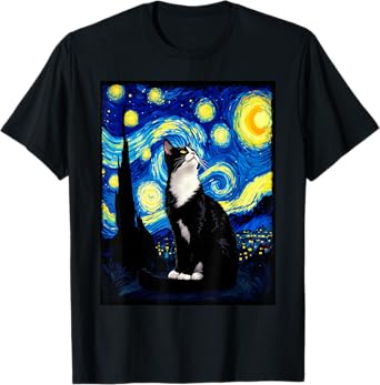 Van Gogh Starry Night Cute Cat Moonlit Scene Cat Lovers T-Shirt for Men Women